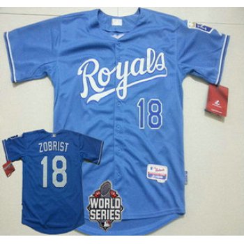 Men's Kansas City Royals #18 Ben Zobrist Light Blue Alternate Baseball Jersey With 2015 World Series Patch