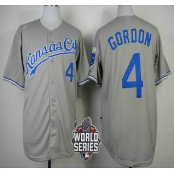 Men's Kansas City Royals #4 Alex Gordon Gray Away Baseball Jersey With 2015 World Series Patch