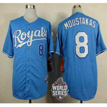 Men's Kansas City Royals #8 Mike Moustakas Light Blue Alternate Baseball Jersey With 2015 World Series Patch