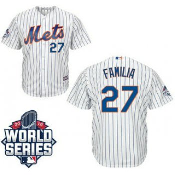 New York Mets #27 Jeurys Familia Home White Pinstripe Authentic Cool Base Jersey with 2015 World Series Participant Patch