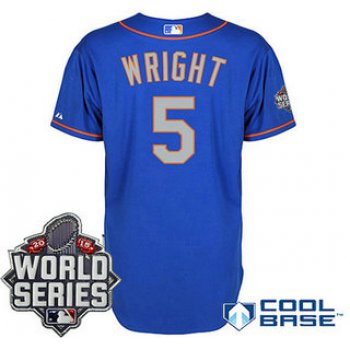 New York Mets Authentic #5 David Wright Alternate Road Blue Gray Jersey with 2015 World Series Patch