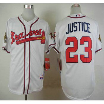 Atlanta Braves #23 David Justice Home White MLB Cool Base Jersey With 1995 World Series 30th Season Patch