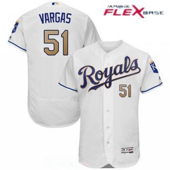 Men's Kansas City Royals #51 Jason Vargas White 2017 Gold Home Stitched MLB Majestic Flex Base Jersey