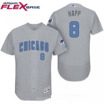 Men's Chicago Cubs #8 Ian Happ Gray with Baby Blue Father's Day Stitched MLB Majestic Flex Base Jersey