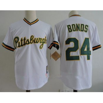 Men's Pittsburgh Pirates #24 Barry Bonds White with GREEN name number Stitched MLB Majestic Cooperstown Collection Jersey