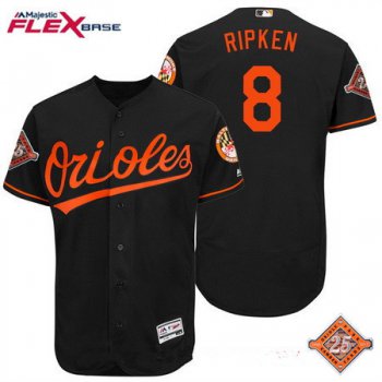 Men's Baltimore Orioles #8 Cal Ripken Retired Black 25TH Patch Stitched MLB Majestic Flex Base Jersey
