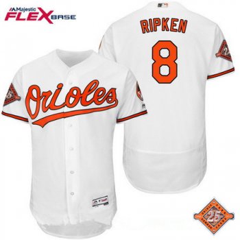 Men's Baltimore Orioles #8 Cal Ripken Retired White Home 25TH Patch Stitched MLB Majestic Flex Base Jersey