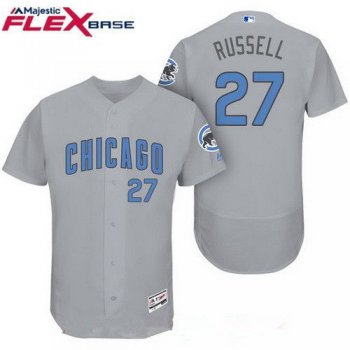 Men's Chicago Cubs #27 Addison Russell Gray with Baby Blue Father's Day Stitched MLB Majestic Flex Base Jersey