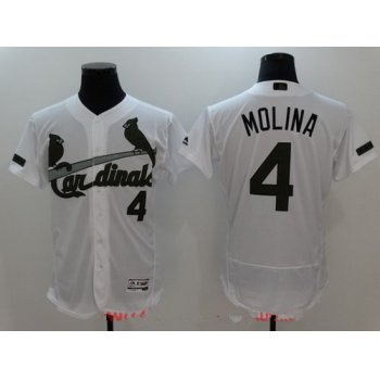 Men's St. Louis Cardinals #4 Yadier Molina White with Green Memorial Day Stitched MLB Majestic Flex Base Jersey