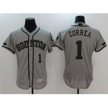 Men's Houston Astros #1 Carlos Correa Gray With Green Memorial Day Stitched MLB Majestic Flex Base Jersey