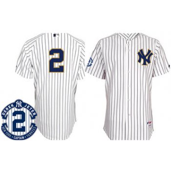 New York Yankees #2 Derek Jeter White With Navy Blue Retirement Patch Jersey
