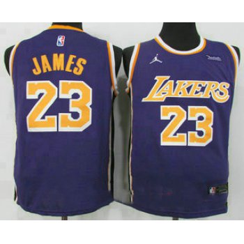 Men's Los Angeles Lakers #23 LeBron James Purple 2021 Brand Jordan Swingman Stitched NBA Jersey With NEW Sponsor Logo