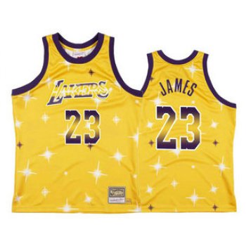 Men's Los Angeles Lakers #23 LeBron James Starry Yellow Hardwood Classics Soul Swingman Throwback Jersey