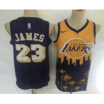 Men's Los Angeles Lakers #23 LeBron James Purple with Yellow Salute Nike Swingman Stitched NBA Jersey