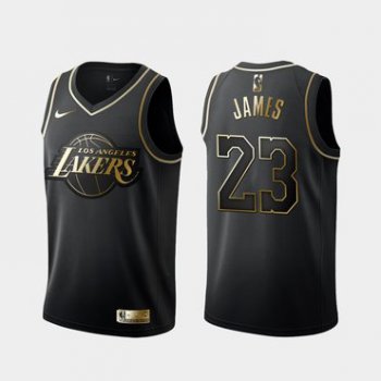 Lakers 23 Lebron James Black Gold Nike Swingman Jersey