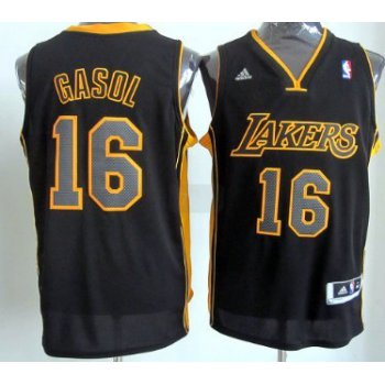 Los Angeles Lakers #16 Pau Gasol Revolution 30 Swingman All Black With Yellow Jersey