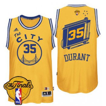 Men's Warriors #35 Kevin Durant Gold Throwback The City 2017 The Finals Patch Stitched NBA Jersey