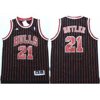 Chicago Bulls #21 Jimmy Butler Revolution 30 Swingman Black Pinstripe Jersey