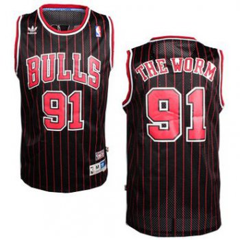Chicago Bulls #91 The Worm Nickname Black Pinstripe Swingman Throwback Jersey