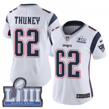 #62 Limited Joe Thuney White Nike NFL Road Women's Jersey New England Patriots Vapor Untouchable Super Bowl LIII Bound
