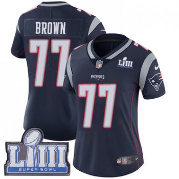 #77 Limited Trent Brown Navy Blue Nike NFL Home Women's Jersey New England Patriots Vapor Untouchable Super Bowl LIII Bound
