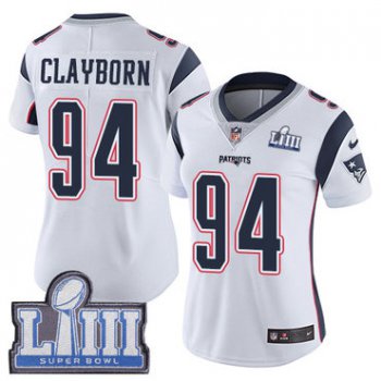 #94 Limited Adrian Clayborn White Nike NFL Road Women's Jersey New England Patriots Vapor Untouchable Super Bowl LIII Bound