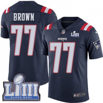 #77 Limited Trent Brown Navy Blue Nike NFL Youth Jersey New England Patriots Rush Vapor Untouchable Super Bowl LIII Bound