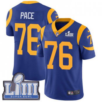 Youth Los Angeles Rams #76 Orlando Pace Royal Blue Nike NFL Alternate Vapor Untouchable Super Bowl LIII Bound Limited Jersey