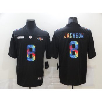 Men's Baltimore Ravens #8 Lamar Jackson Multi-Color Black 2020 NFL Crucial Catch Vapor Untouchable Nike Limited Jersey