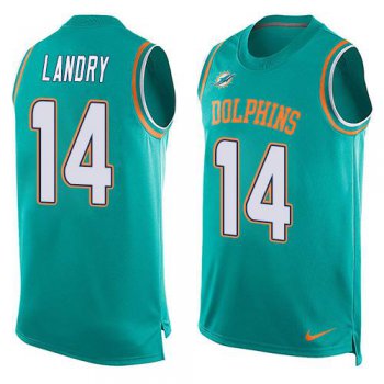 Men's Miami Dolphins #14 Jarvis Landry Aqua Green Hot Pressing Player Name & Number Nike NFL Tank Top Jersey