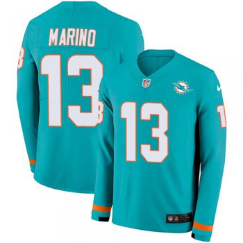Nike Dolphins #13 Dan Marino Aqua Green Team Color Men's Stitched NFL Limited Therma Long Sleeve Jersey