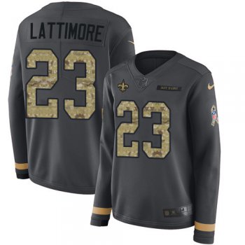 Nike Saints #23 Marshon Lattimore Anthracite Salute to Service Men's Stitched NFL Limited Therma Long Sleeve Jersey