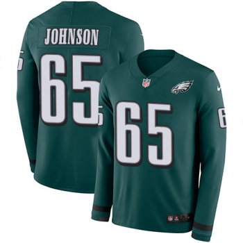 Nike Eagles 65 Lane Johnson Midnight Green Team Color Men's Stitched NFL Limited Therma Long Sleeve Jersey