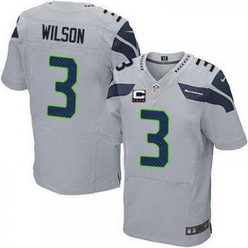 Nike Seattle Seahawks #3 Russell Wilson Gray C Patch Elite Jersey