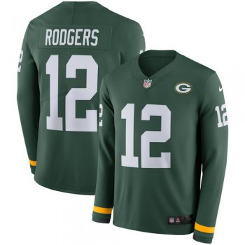 Men Nike Green Bay Packers 12 Aaron Rodgers Green Therma Long Sleeve Jersey