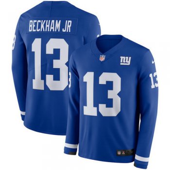 Men Nike New York Giants 13 Odell Beckham Jr blue Therma Long Sleeve Jersey