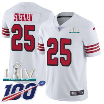 Nike 49ers #25 Richard Sherman White Super Bowl LIV 2020 Rush Youth Stitched NFL Limited 100th Season Jersey