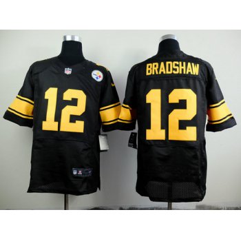 Nike Pittsburgh Steelers #12 Terry Bradshaw Black With Yellow Elite Jersey