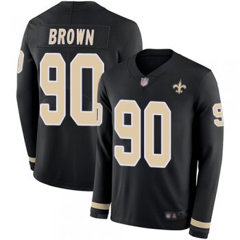 Men's New Orleans Saints #90 Malcom Brown Black Team Color Men's Stitched Football Limited Therma Long Sleeve Jersey