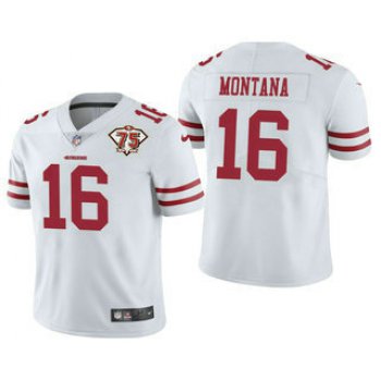 Men's San Francisco 49ers #16 Joe Montana White 75th Anniversary Patch 2021 Vapor Untouchable Stitched Nike Limited Jersey