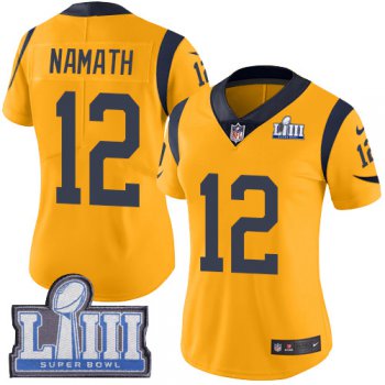 #12 Limited Joe Namath Gold Nike NFL Women's Jersey Los Angeles Rams Rush Vapor Untouchable Super Bowl LIII Bound