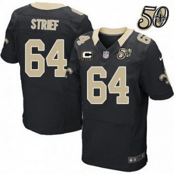 Men's New Orleans Saints #64 Zach Strief Black 50th Season Patch Stitched NFL Nike Elite Jersey with C Patch