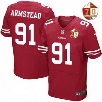 Men's San Francisco 49ers #91 Arik Armstead Scarlet Red 70th Anniversary Patch Stitched NFL Nike Elite Jersey