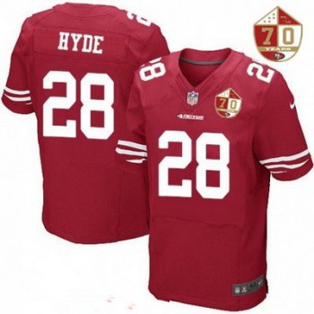 Men's San Francisco 49ers #28 Carlos Hyde Scarlet Red 70th Anniversary Patch Stitched NFL Nike Elite Jersey