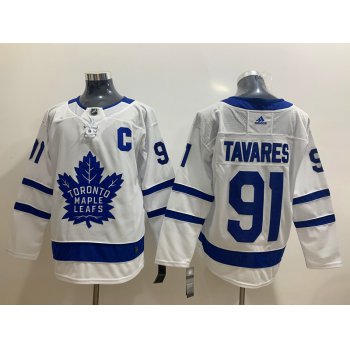 Men's Toronto Maple Leafs #91 John Tavares with C Patch White Road Stitched Adidas NHL Jersey