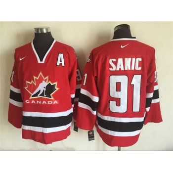 Men's 2002 Team Canada #91 Joe Sakic Red Nike Olympic Throwback Stitched Hockey Jersey
