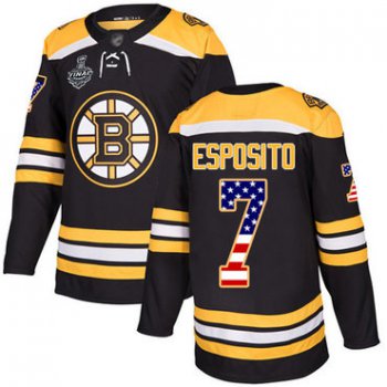 Men's Boston Bruins #7 Phil Esposito Black Home Authentic USA Flag 2019 Stanley Cup Final Bound Stitched Hockey Jersey