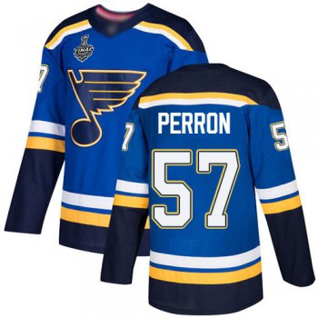 Men's St. Louis Blues #57 David Perron Blue Home Authentic 2019 Stanley Cup Final Bound Stitched Hockey Jersey