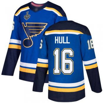 Men's St. Louis Blues #16 Brett Hull Blue Home Authentic 2019 Stanley Cup Final Bound Stitched Hockey Jersey