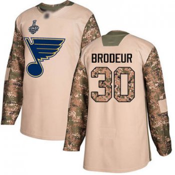 Men's St. Louis Blues #30 Martin Brodeur Camo Authentic 2017 Veterans Day 2019 Stanley Cup Final Bound Stitched Hockey Jersey